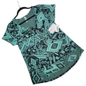 LuLaRoe Classic T Small Jacquard Black Teal Geometric Floral Short Sleeve Top